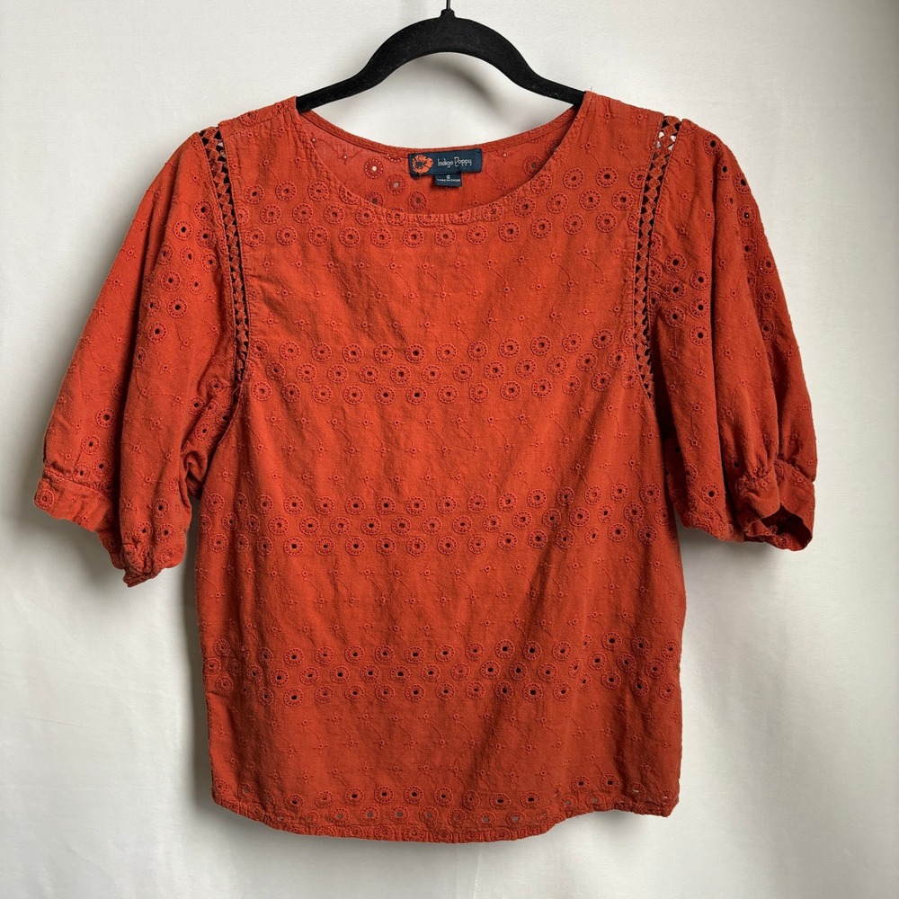 Burnt Orange Cotton Eyelet Blouse 1/2 Sleeve Cottage Core Boho Breathable Fall S